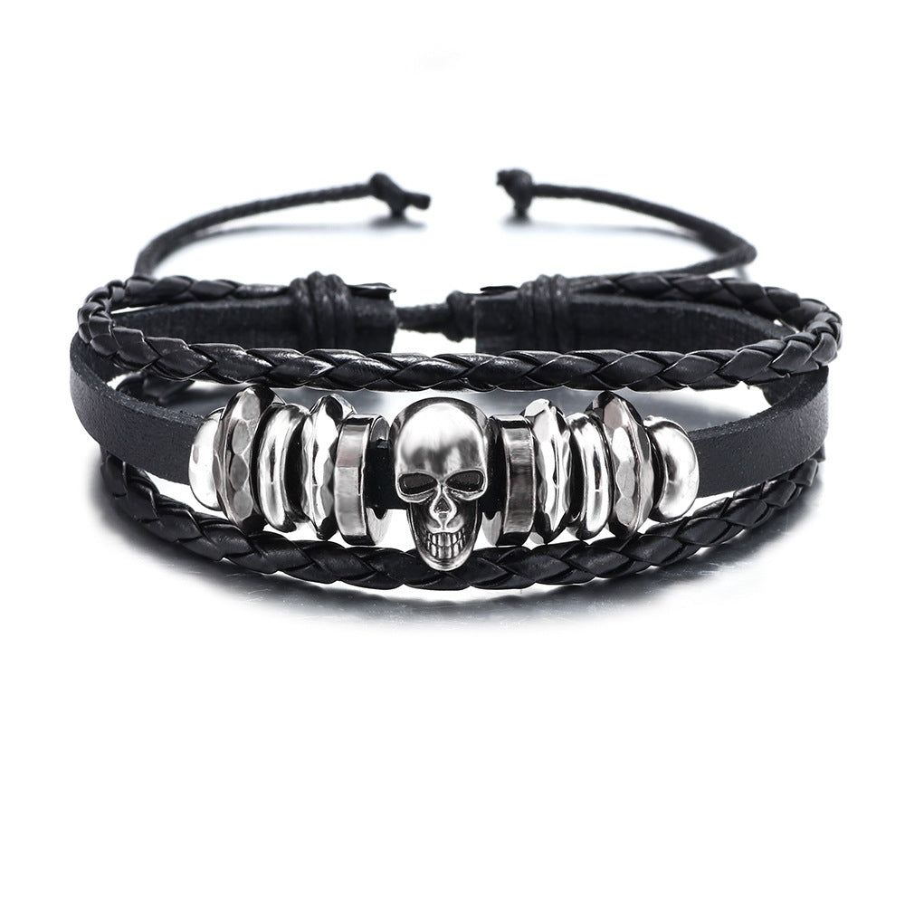 Wholesale Vintage Metal Punk Skull Men's Cowhide Braided Bracelet